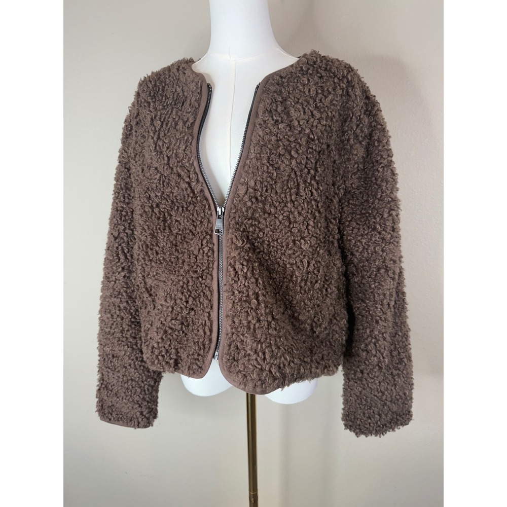 Steve Madden Brown Faux Fur Teddy Jacket Zip Up Collarless Sherpa Coat M